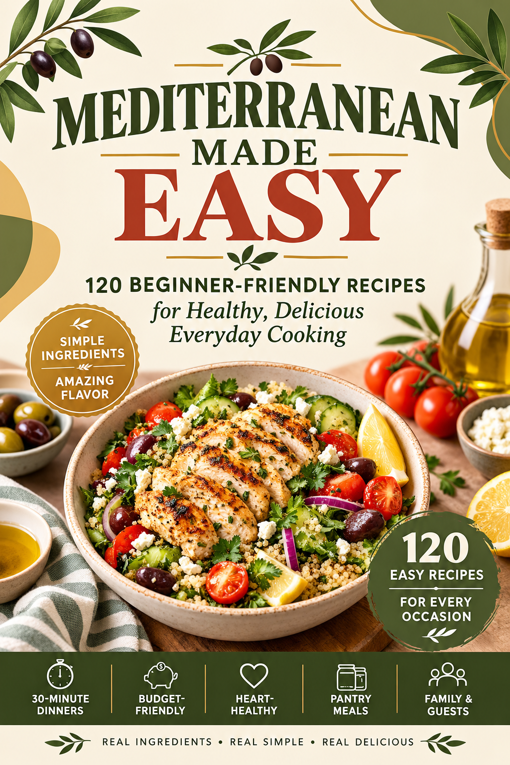 Front cover of a cookbook titled "Mediterranean Made Easy" with a large photo of a Mediterranean salad, olive branches, olives, tomatoes, lemon, and a bottle of oil. The cover includes promotional text such as "120 Beginner-Friendly Recipes" and a green badge reading "120 Easy Recipes for Every Occasion.
