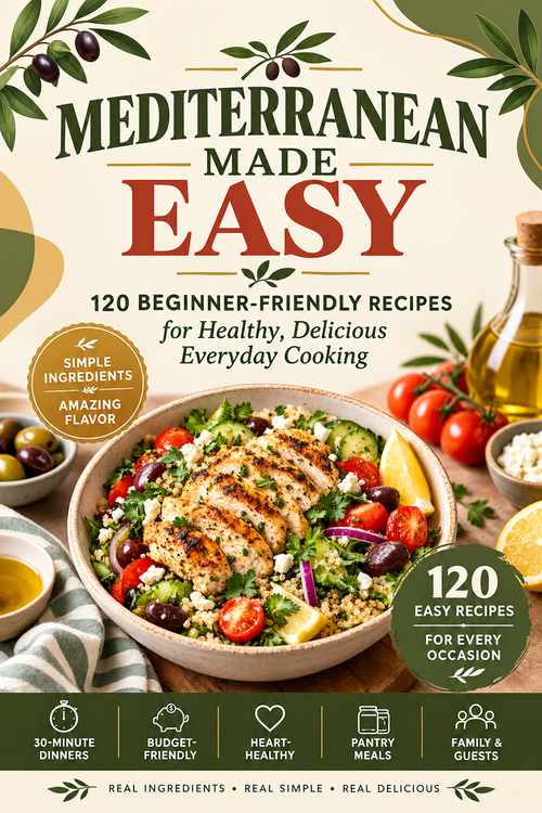 Front cover of a cookbook titled "Mediterranean Made Easy" with a large photo of a Mediterranean salad, olive branches, olives, tomatoes, lemon, and a bottle of oil. The cover includes promotional text such as "120 Beginner-Friendly Recipes" and a green badge reading "120 Easy Recipes for Every Occasion.
